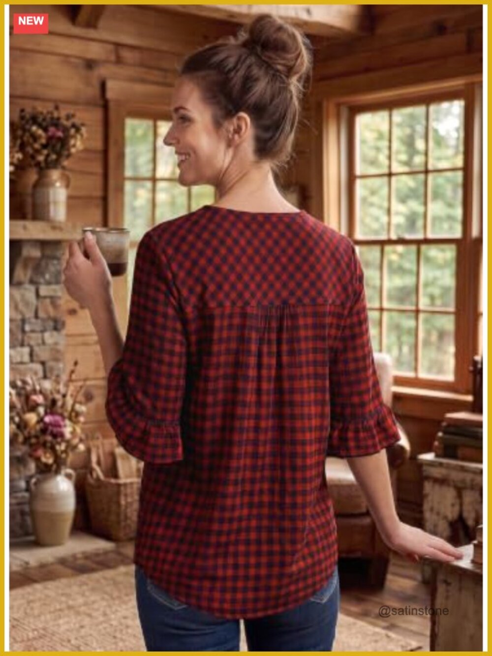 Women's Square Neck Ruffle Sleeve 3/4 Length Tunic Top - Picture 3 of 6